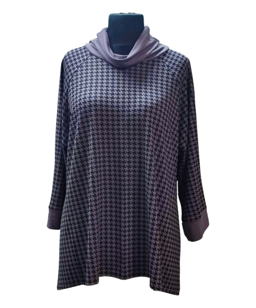 Modna tunika damska o linii trapezu - beżowo czarna pepitka